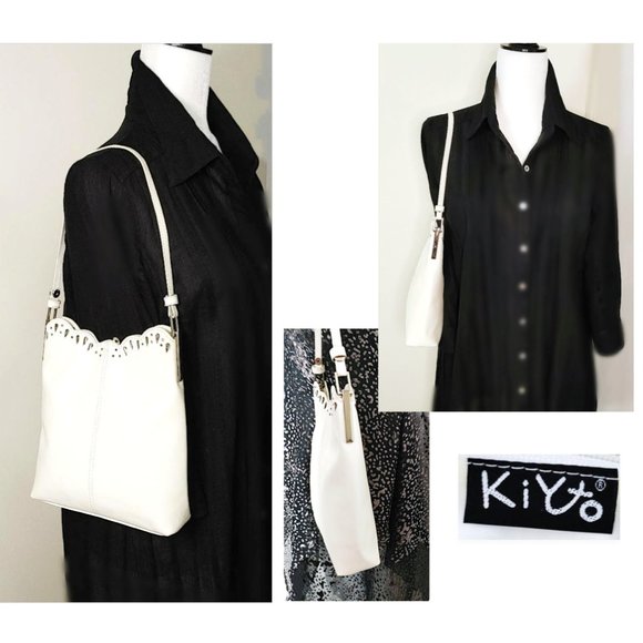 KIYTO Japan white Leather Satchel Perforated Scalloped Edge Shoulder Bag Purse - Picture 3 of 11